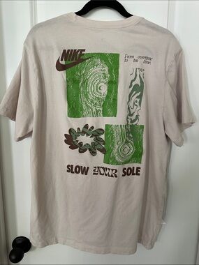 Nike Men’s Short-Sleeve Crew Tee in Beige with Green Logo Slow your Sole Xl